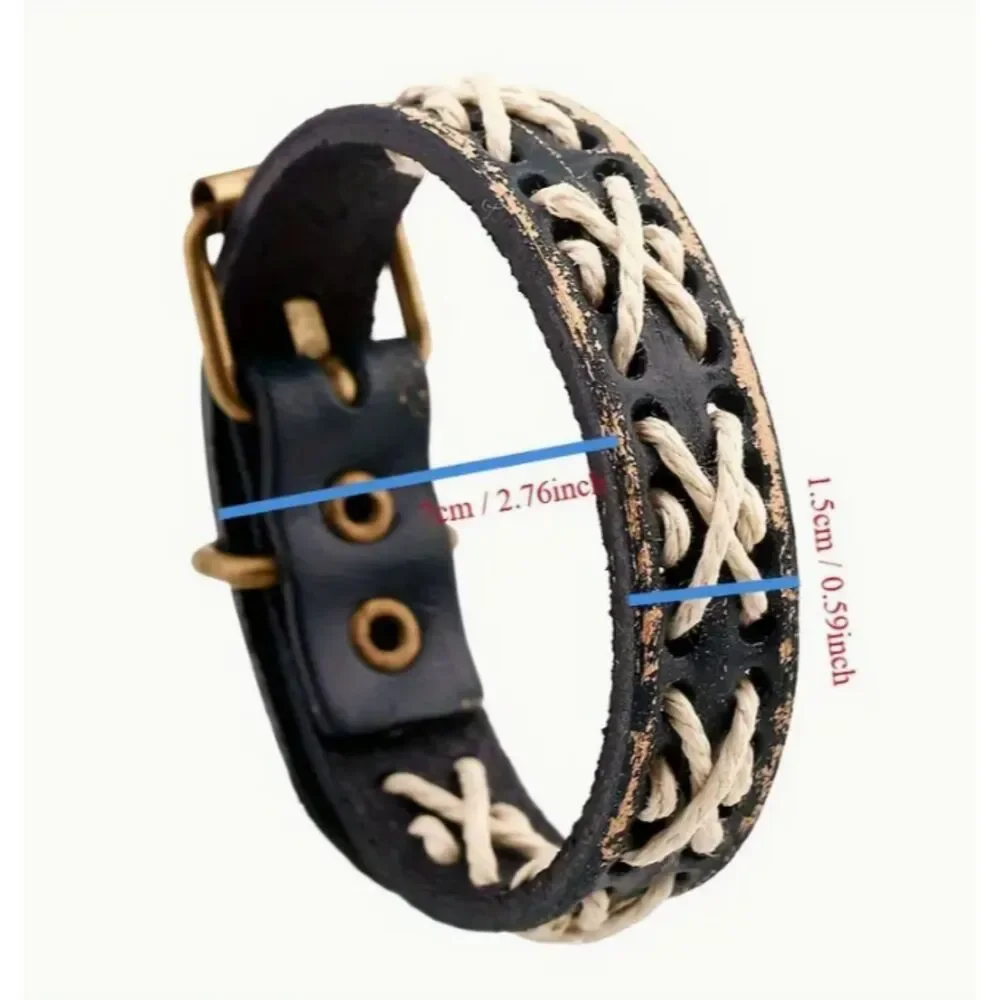 Mens Faux Brown Leather Snap Bracelet Beige X Stitching